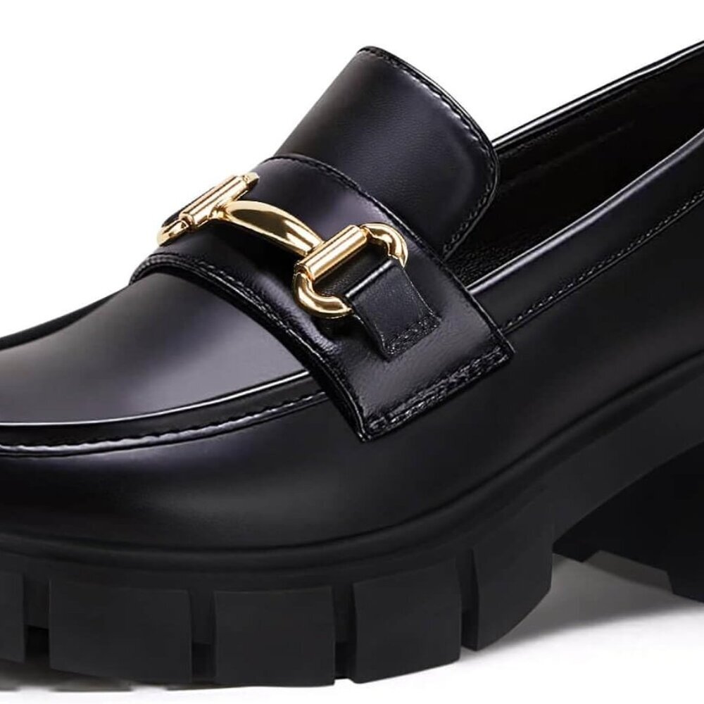 Womens Chunky Platform Loafers Faux Leather Mid Heel Slip-On Dress Shoes